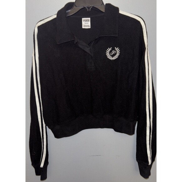 Victorias Secret PINK Fleece Cropped Polo Sweatshirt Black Size Large - Picture 1 of 5